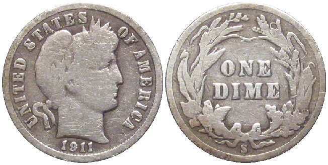 United States Barber Dime 1911-S